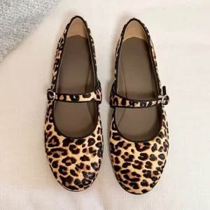 Luxury Brand Designer Leopard Suede Mary Jane Shoes Women Metal Belt Buckle Non-slip Soft Bottom Ballet Shoes Light Cozy Flats