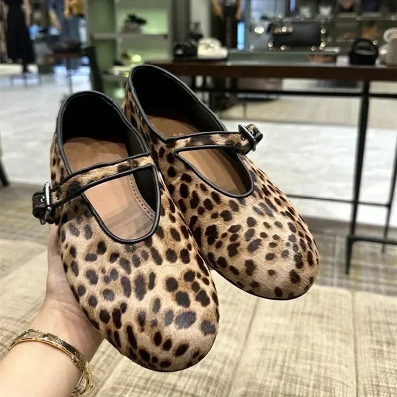 Luxury Brand Designer Leopard Suede Mary Jane Shoes Women Metal Belt Buckle Non-slip Soft Bottom Ballet Shoes Light Cozy Flats - Image 3