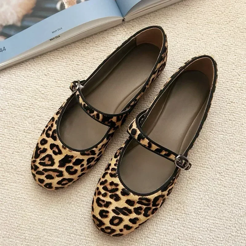 Luxury Brand Designer Leopard Suede Mary Jane Shoes Women Metal Belt Buckle Non-slip Soft Bottom Ballet Shoes Light Cozy Flats - Image 5