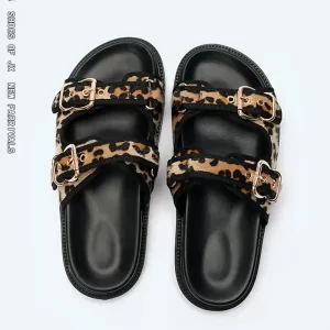 High Quality Leopard Metal Buckle Design Women Slippers Sexy Comfort Non Slip Slide Sandals Summer Size 43 Platform Flip Flops