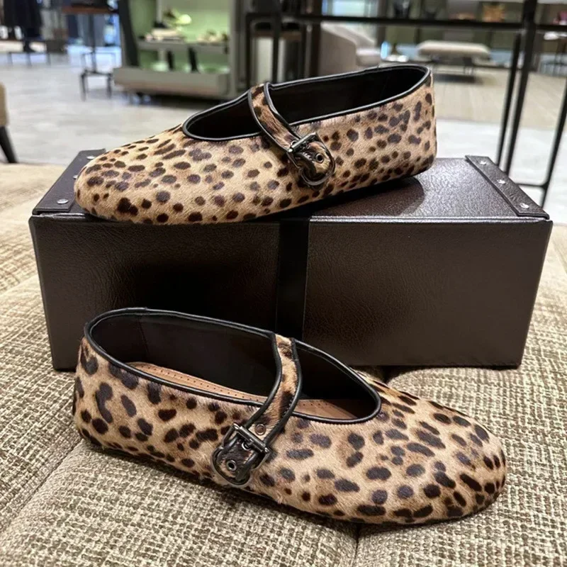 Luxury Brand Designer Leopard Suede Mary Jane Shoes Women Metal Belt Buckle Non-slip Soft Bottom Ballet Shoes Light Cozy Flats - Image 4